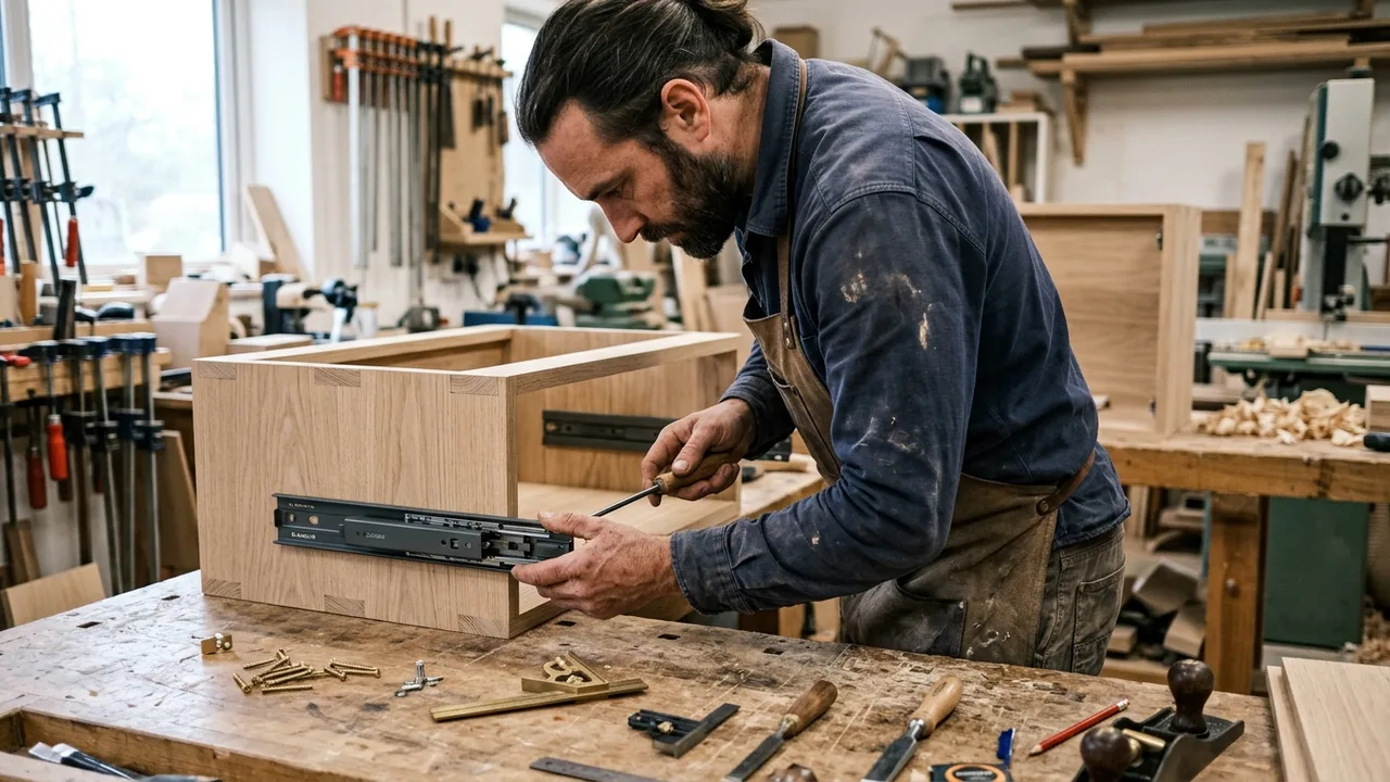 A cabinetmaker fitting a soft-close drawer runner in the workshop