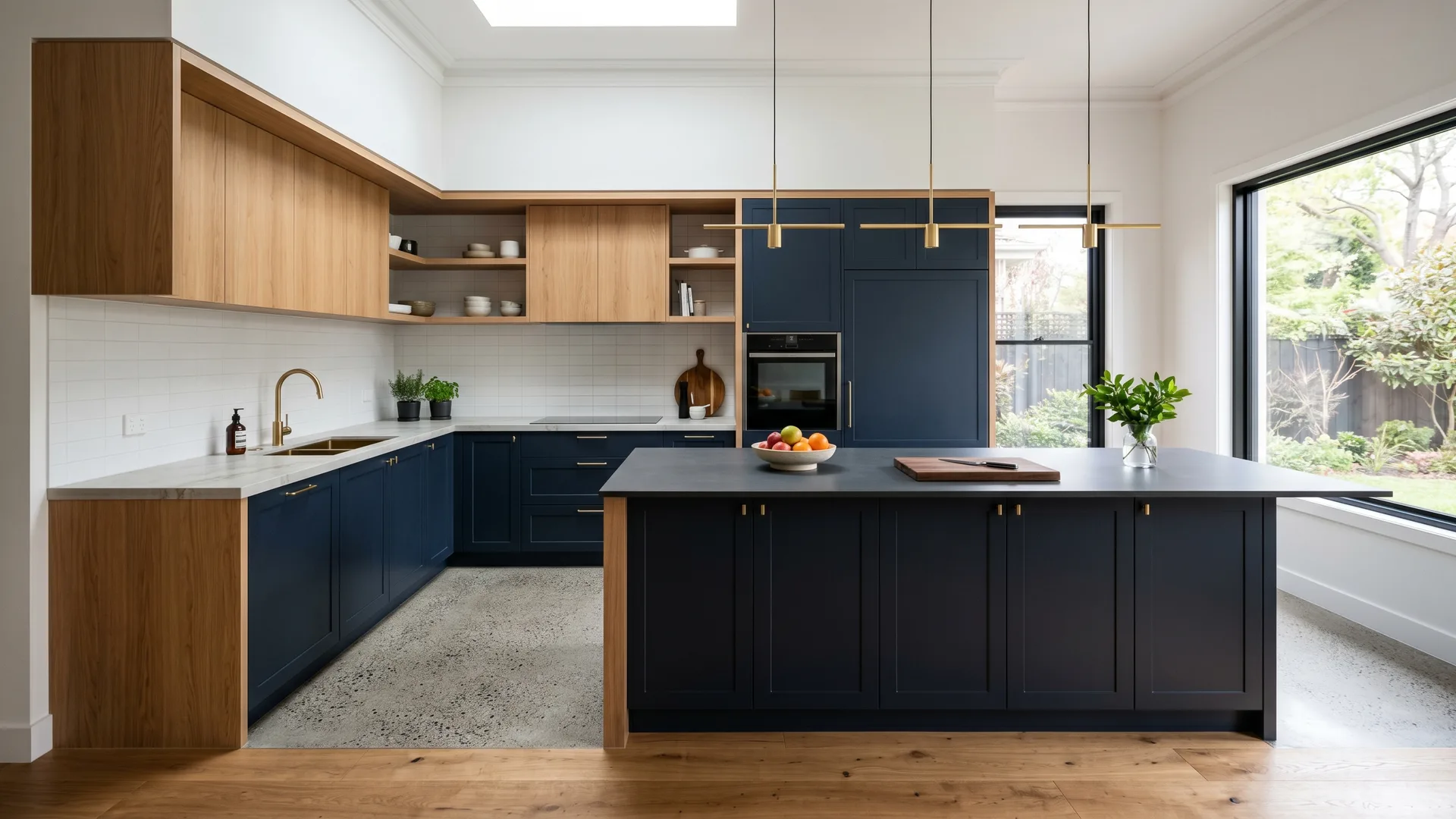 A renovated modern kitchen with an island bench and stone benchtop in an Eastern Melbourne home
