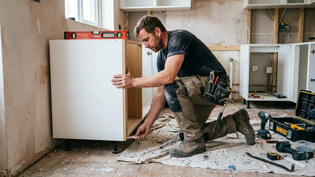 An installer levelling a base cabinet during a kitchen renovation
